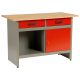 Munkaasztal, 1 US, szürke/piros, 121,5 x 61,5 x 80 cm, acéllemez, 2 fiók, golyóscsapágyas fióksínek, állítható lábak, zárható ajtó