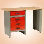 Munkaasztal, szürke/piros, 121,5 x 61,5 x 80 cm, acéllemez, 4 fiók, golyóscsapágyas fióksínek, állítható lábak, 350 kg/m2 teherbírás