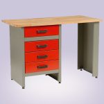 Munkaasztal, szürke/piros, 121,5 x 61,5 x 80 cm, acéllemez, 4 fiók, golyóscsapágyas fióksínek, állítható lábak, 350 kg/m2 teherbírás