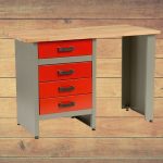 Munkaasztal, szürke/piros, 121,5 x 61,5 x 80 cm, acéllemez, 4 fiók, golyóscsapágyas fióksínek, állítható lábak, 350 kg/m2 teherbírás