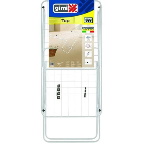 Gimi Top ruhaszárító, 20 méter szárítási terület, fehér, lehajtható szárnyakkal, acélvázzal, csúszásmentes lábakkal