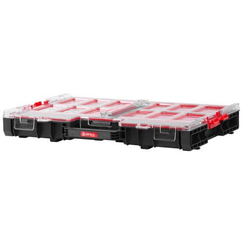 Rendszerező koffer, Qbrick Patrol System One Organizer L, 53,1 × 37,9 × 7,7 cm, fekete, 6 l, 12 rekesz, víz- és porálló tömítés, moduláris, könnyű hozzáférés, átlátszó fedél
