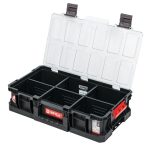 Rendszerező koffer, Qbrick Patrol System Two Organizer Flex Plus, 53 × 31 × 13 cm, fekete, 14,3 l, moduláris, polikarbonát fedél, poliamid reteszek, 12 kivehető rekesz