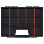 Rendszerező koffer, Prosperplast NOR16, 6,5 x 29 x 39 cm, fekete, állítható rekeszek, átlátszó fedél, két zárral, ergonomikus fogantyú, maximum 36 rekesz