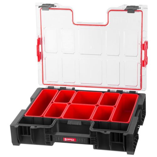 Rendszerező koffer, Qbrick Patrol System Pro Organizer 300, 45,2 × 35,8 × 11 cm, fekete, 9 l, tömített polikarbonát fedél, 8 rekeszes, masszív fogantyú