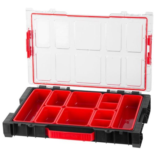 Rendszerező koffer, Qbrick Patrol System Pro Organizer 100, 45,2 x 29,6 x 7,9 cm, fekete, 5 l, tömített polikarbonát fedél, 8 rekesz, ergonomikus fogantyú