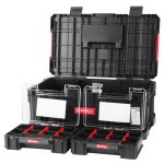 Tárolódoboz készlet, Qbrick Patrol System Two Toolbox Plus + 2 db System Two Organizer Multi készlet, fekete, 3,5 kg, fogantyús, átlátszó fedelű rendezőkkel