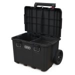 Szerszámosláda, Keter Stack'n'Roll 250927, 52,5 x 41,1 x 69,4 cm, fekete, 3 részes, moduláris, kerekes, fém teleszkópos fogantyú, 45 kg teherbírás