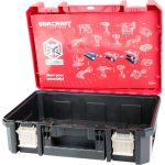 Szerszámosláda, Worcraft XCUBE100, 44,5 × 32 × 17 cm, piros/fekete, 8 l, 15 kg terhelhetőség, tartós műanyag, összecsukható fogantyú, egymásra rakható