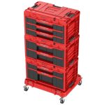 Tárolódoboz készlet, Qbrick Patrol System One Workshop Red, 58,7 × 38 × 34 cm, piros, 4 részes, moduláris, fiókos, automata zárral, fémsínes, görgős platform fékkel