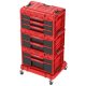 Tárolódoboz készlet, Qbrick Patrol System One Workshop Red, 58,7 × 38 × 34 cm, piros, 4 részes, moduláris, fiókos, automata zárral, fémsínes, görgős platform fékkel