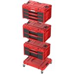 Tárolódoboz készlet, Qbrick Patrol System One Workshop Red, 58,7 × 38 × 34 cm, piros, 4 részes, moduláris, fiókos, automata zárral, fémsínes, görgős platform fékkel