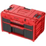 Tárolódoboz készlet, Qbrick Patrol System One Workshop Red, 58,7 × 38 × 34 cm, piros, 4 részes, moduláris, fiókos, automata zárral, fémsínes, görgős platform fékkel