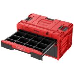 Tárolódoboz készlet, Qbrick Patrol System One Workshop Red, 58,7 × 38 × 34 cm, piros, 4 részes, moduláris, fiókos, automata zárral, fémsínes, görgős platform fékkel