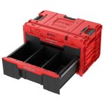 Tárolódoboz készlet, Qbrick Patrol System One Workshop Red, 58,7 × 38 × 34 cm, piros, 4 részes, moduláris, fiókos, automata zárral, fémsínes, görgős platform fékkel