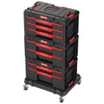 Tárolódoboz készlet, Qbrick Patrol System One Workshop Cart, 58,7 × 38 × 34 cm, fekete, 4 részes, moduláris, fiókos, automata zárral, görgős platform fékkel, állítható elválasztók, ABS műanyag, fémsínes