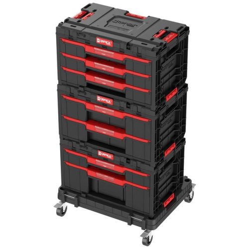 Tárolódoboz készlet, Qbrick Patrol System One Workshop Cart, 58,7 × 38 × 34 cm, fekete, 4 részes, moduláris, fiókos, automata zárral, görgős platform fékkel, állítható elválasztók, ABS műanyag, fémsínes