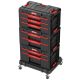 Tárolódoboz készlet, Qbrick Patrol System One Workshop Cart, 58,7 × 38 × 34 cm, fekete, 4 részes, moduláris, fiókos, automata zárral, görgős platform fékkel, állítható elválasztók, ABS műanyag, fémsínes