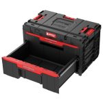 Tárolódoboz készlet, Qbrick Patrol System One Workshop Cart, 58,7 × 38 × 34 cm, fekete, 4 részes, moduláris, fiókos, automata zárral, görgős platform fékkel, állítható elválasztók, ABS műanyag, fémsínes