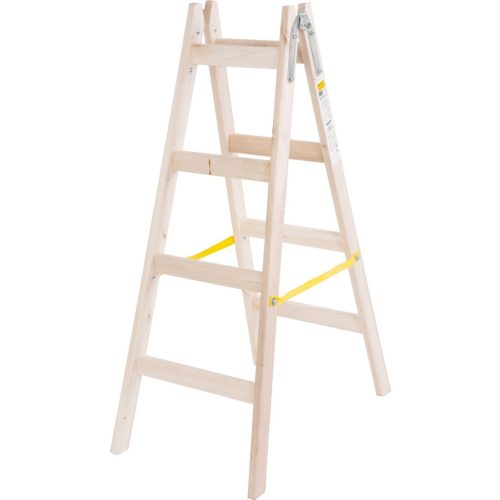 Kétrészes létra, Strend Pro, 2 x 4 fokos, fa, 130 cm, 150 kg teherbírás, kétoldalas kivitel, vödörtartó kampóval, horganyzott fém részek