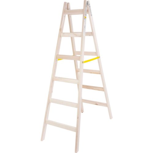 Kétrészes létra, Strend Pro, 2 x 6 fokos, fa, 190 cm, 150 kg teherbírás, kétoldalas kivitel, vödörtartó kampóval, horganyzott fém részek