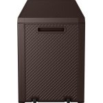 Kerti tárolóláda, Keter Emily, barna, 117,8 × 44,5 × 58 cm, 277 l, időjárásálló, lakatolható, kerekes, fogantyúkkal, rattan hatású, ülőhelyként is használható