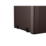 Kerti tárolóláda, Keter Emily, barna, 117,8 × 44,5 × 58 cm, 277 l, időjárásálló, lakatolható, kerekes, fogantyúkkal, rattan hatású, ülőhelyként is használható