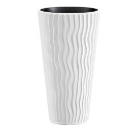   Műanyag virágcserép, Prosperplast Sand Slim 400, fehér, átmérő: 39 cm, magasság: 75 cm, betéttel, 18 / 45 l, függőleges hullámmintás, kerek