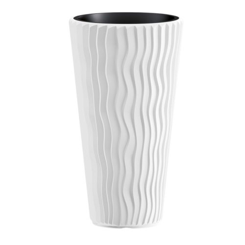 Műanyag virágcserép, Prosperplast Sand Slim 400, fehér, átmérő: 39 cm, magasság: 75 cm, betéttel, 18 / 45 l, függőleges hullámmintás, kerek