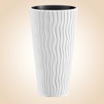 Műanyag virágcserép, Prosperplast Sand Slim 400, fehér, átmérő: 39 cm, magasság: 75 cm, betéttel, 18 / 45 l, függőleges hullámmintás, kerek