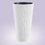 Műanyag virágcserép, Prosperplast Sand Slim 400, fehér, átmérő: 39 cm, magasság: 75 cm, betéttel, 18 / 45 l, függőleges hullámmintás, kerek