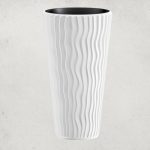 Műanyag virágcserép, Prosperplast Sand Slim 400, fehér, átmérő: 39 cm, magasság: 75 cm, betéttel, 18 / 45 l, függőleges hullámmintás, kerek