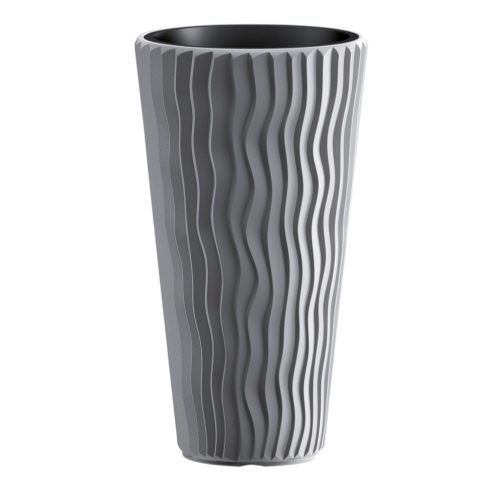 Műanyag virágcserép, Prosperplast Sandy Slim 400, szürke, átmérő: 39 cm, betéttel, 15 / 54 l, hullámmintás, kerek