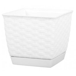   Rattan virágcserép, Prosperplast Rato Square 250, fehér, 25 x 25 cm, magasság: 22 cm, alátéttel, 8,2 l, rattan hatású, négyzetes