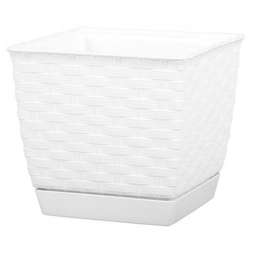 Rattan virágcserép, Prosperplast Rato Square 250, fehér, 25 x 25 cm, magasság: 22 cm, alátéttel, 8,2 l, rattan hatású, négyzetes