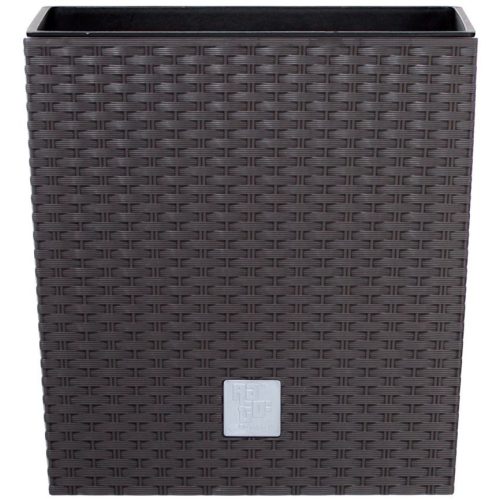 Rattan virágcserép, Prosperplast Rato Low 200, barna, 20 x 20 cm, magasság: 20,2 cm, betéttel, 6,8 l, rattan hatású, négyzetes, alacsony kivitel
