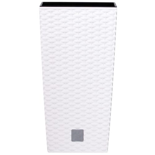 Rattan virágcserép, Prosperplast Rato Square 225, fehér, 22,5 x 22,5 cm, magasság: 42,1 cm, betéttel, 8 / 16,3 l, rattan hatású, négyzetes