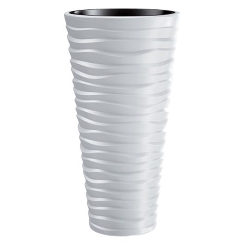 Műanyag virágcserép, Prosperplast Sand Slim 400, fehér, átmérő: 39 cm, magasság: 75 cm, fehér, betéttel, 18 / 45 l, vízszintes hullámmintás, kerek