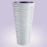 Műanyag virágcserép, Prosperplast Sand Slim 400, fehér, átmérő: 39 cm, magasság: 75 cm, fehér, betéttel, 18 / 45 l, vízszintes hullámmintás, kerek