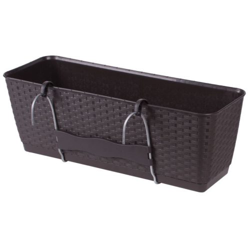 Rattan virágláda, Prosperplast Ratolla Case PW 500, barna, 49,2 x 17,2 cm, magasság: 17,4 cm, alátéttel, 12 l, rattan hatású, korlátra akasztható