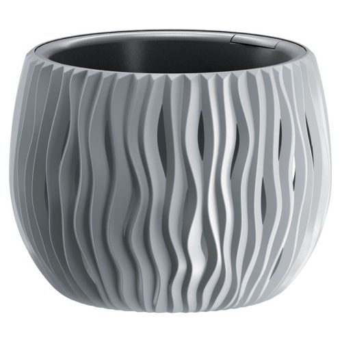 Műanyag virágcserép, Prosperplast Sandy Bowl 240, szürke, átmérő: 23,8 cm, magasság: 16,1 cm, betéttel, 2,3 l, hullámmintás, kerek