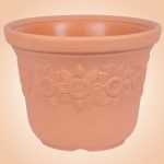 Műanyag virágcserép, Prosperplast Sunny, terrakotta, átmérő: 57 cm, magasság: 43,5 cm, napraforgó minta, 60 l, kerek