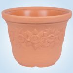 Műanyag virágcserép, Prosperplast Sunny, terrakotta, átmérő: 57 cm, magasság: 43,5 cm, napraforgó minta, 60 l, kerek