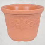 Műanyag virágcserép, Prosperplast Sunny, terrakotta, átmérő: 57 cm, magasság: 43,5 cm, napraforgó minta, 60 l, kerek