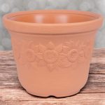 Műanyag virágcserép, Prosperplast Sunny, terrakotta, átmérő: 57 cm, magasság: 43,5 cm, napraforgó minta, 60 l, kerek