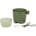 Műanyag virágcserép, Strend Pro Garden, zöld, átmérő: 12,5 cm, magasság: 16 cm, önöntöző víztartállyal, metszőollóval, beépített ollótartóval, kerek