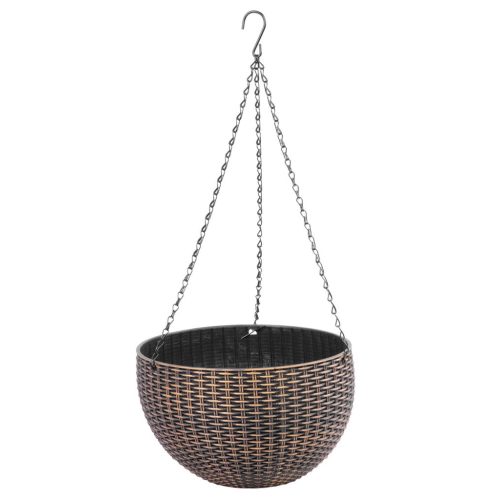 Függő virágcserép, Strend Pro Garden Modern, arany, átmérő: 26 cm, magasság: 16 cm, lánccal és akasztóval, rattan hatású, kerek