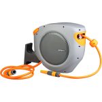 Fali tömlődob, Strend Pro Premium, szürke/narancssárga, tömlővel, 1/2", 35 + 2 m, 24 bar, automata feltekerő, szórópisztollyal, csatlakozókkal, forgatható konzol, -5°C és +45°C között hőálló