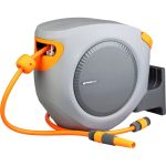 Fali tömlődob, Strend Pro Premium, szürke/narancssárga, tömlővel, 1/2", 35 + 2 m, 24 bar, automata feltekerő, szórópisztollyal, csatlakozókkal, forgatható konzol, -5°C és +45°C között hőálló