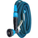 Kerti locsolótömlő, Aquacraft 870030, kék, 1/2", 15–30 m, 6 bar, flexibilis, nyújtható, 7 funkciós szórópisztollyal, csatlakozókkal, PVC belső cső, textilborítás